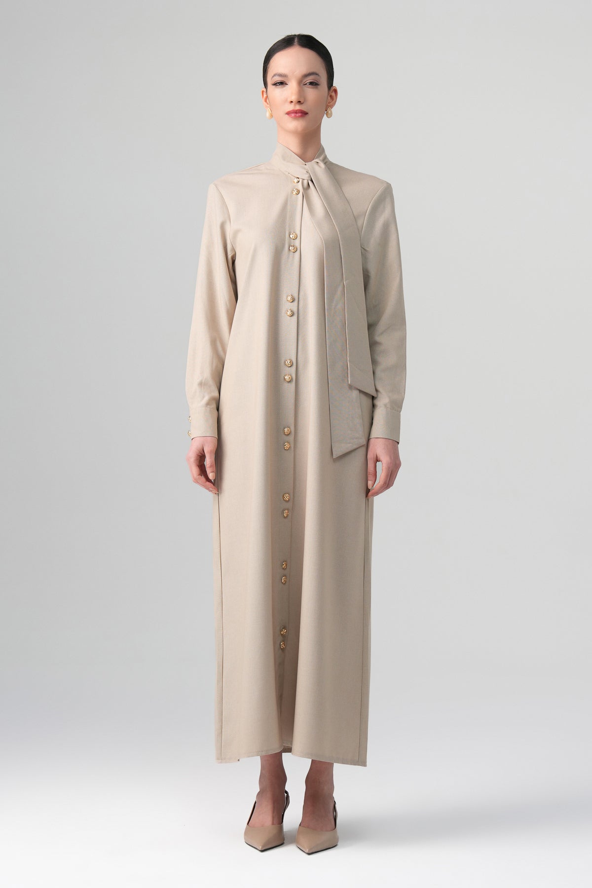 Mina Hakim Yaka Elbise Bej