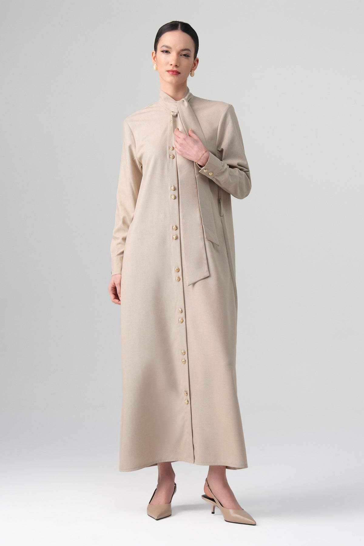 Mina Hakim Yaka Elbise Bej