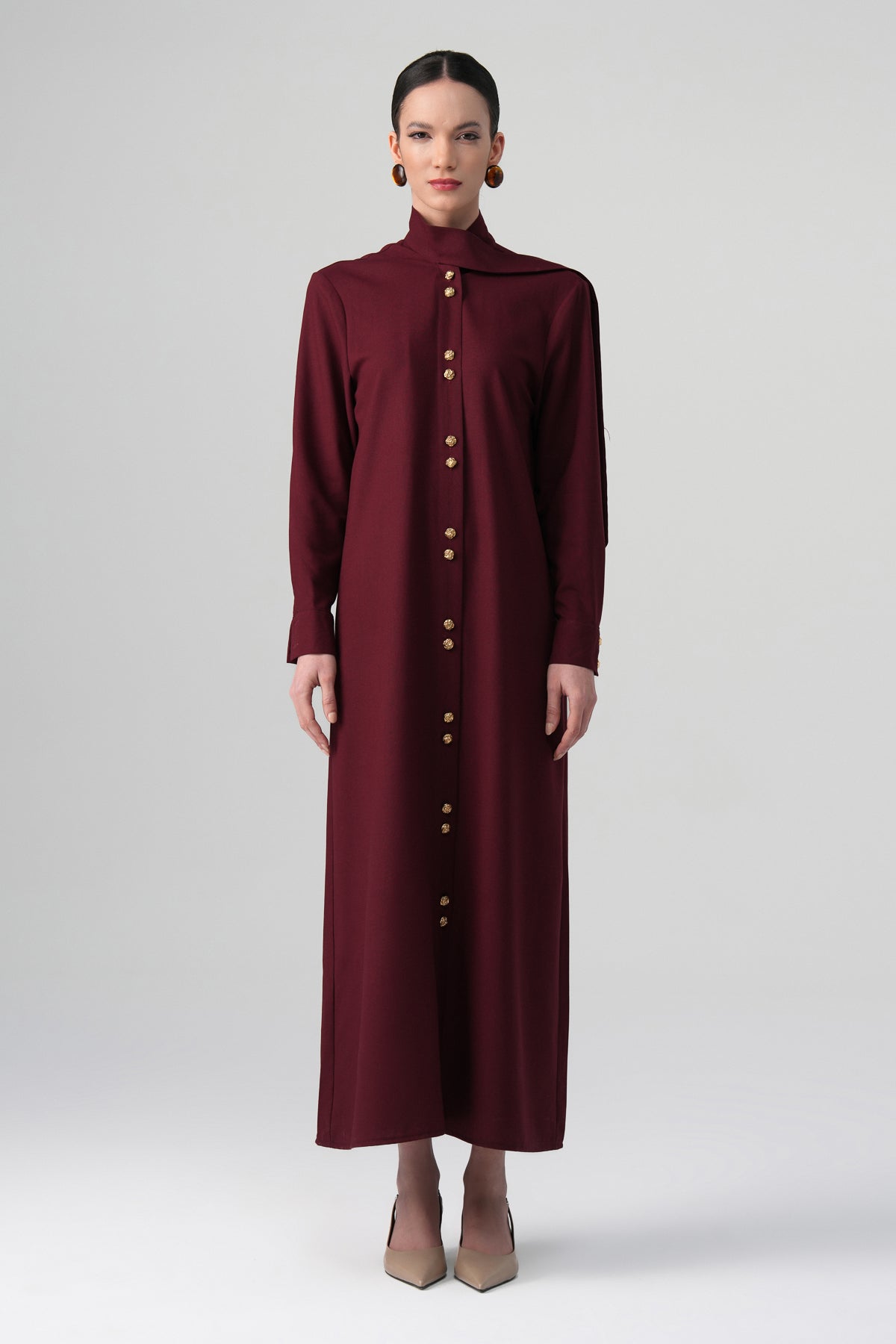 Mina Hakim Yaka Elbise Bordo