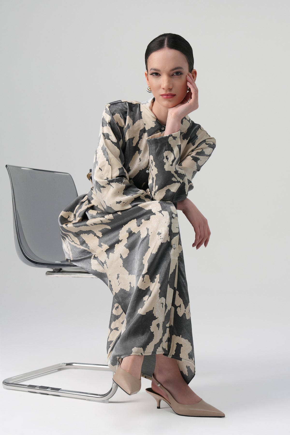 Neris Desenli Elbise Gri-Bej