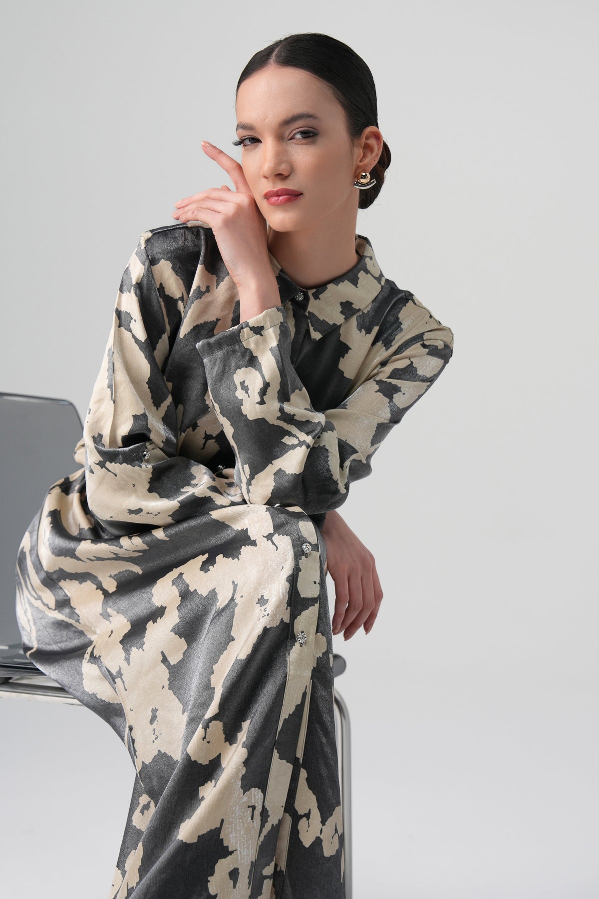 Neris Desenli Elbise Gri-Bej