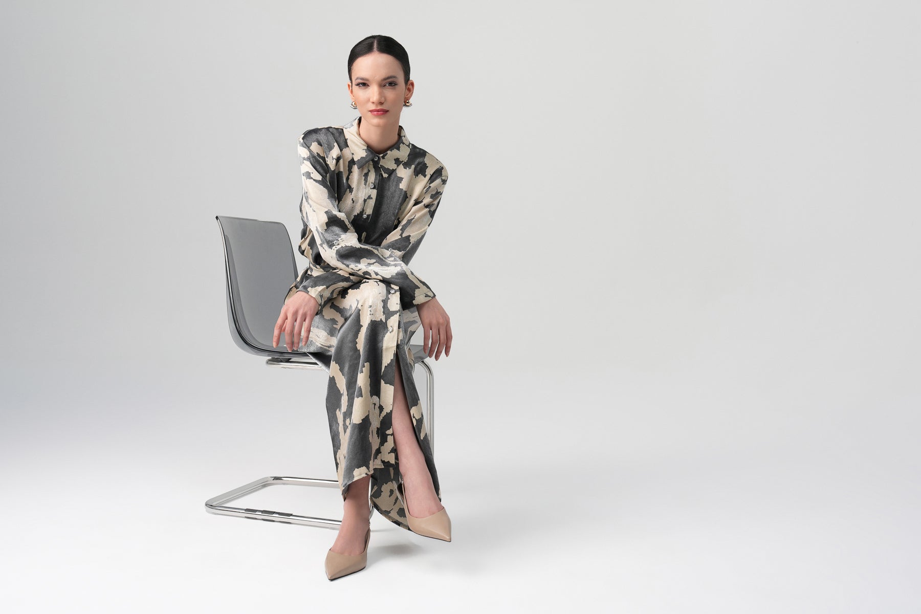 Neris Desenli Elbise Gri-Bej