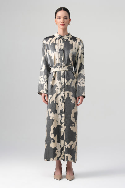 Neris Desenli Elbise Gri-Bej