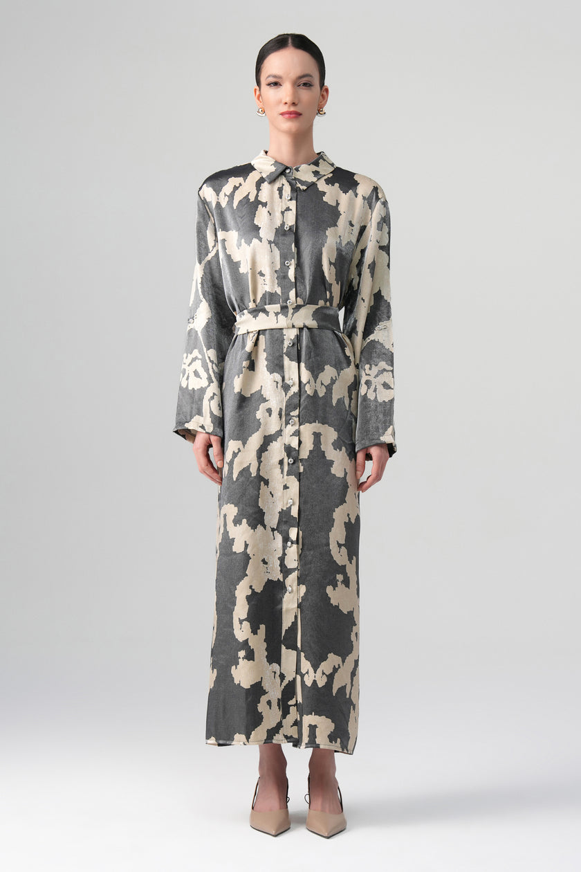 Neris Desenli Elbise Gri-Bej