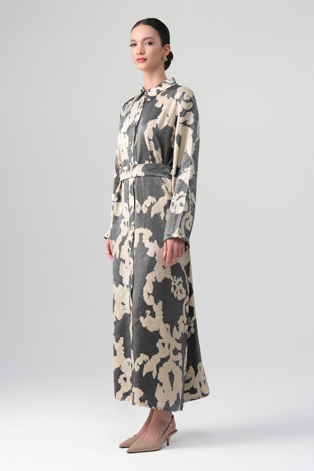 Neris Desenli Elbise Gri-Bej