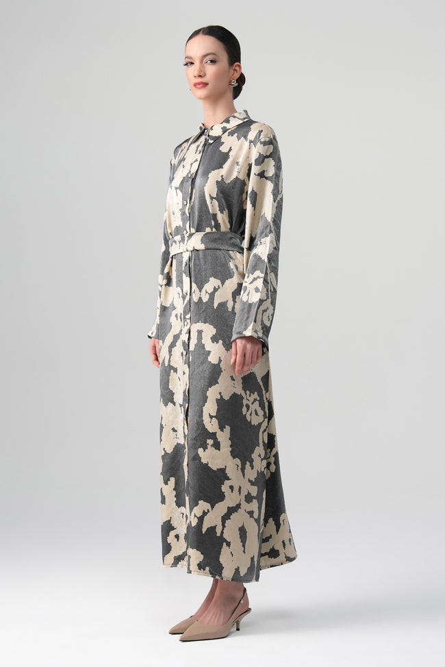 Neris Desenli Elbise Gri-Bej