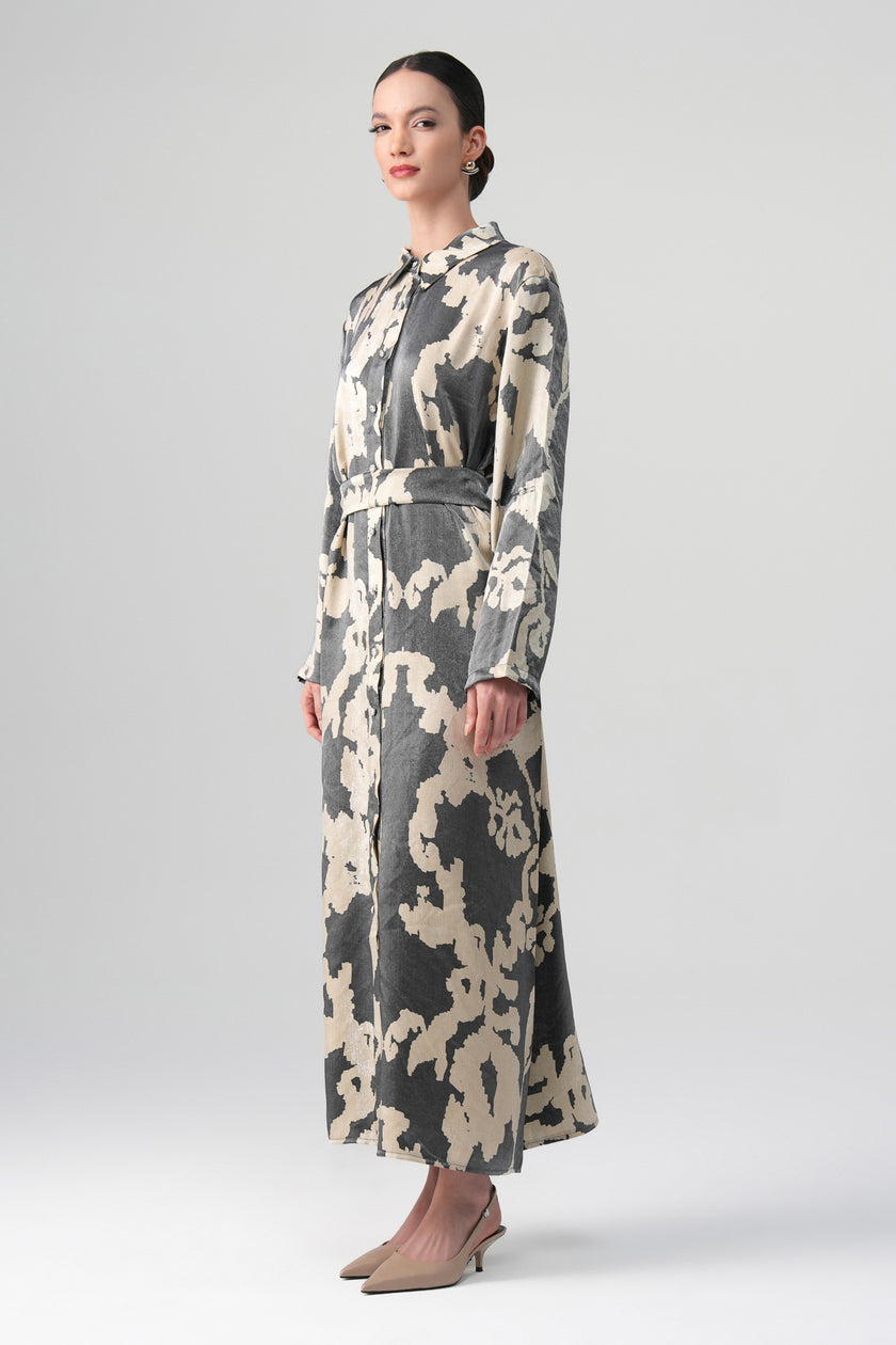 Neris Desenli Elbise Gri-Bej