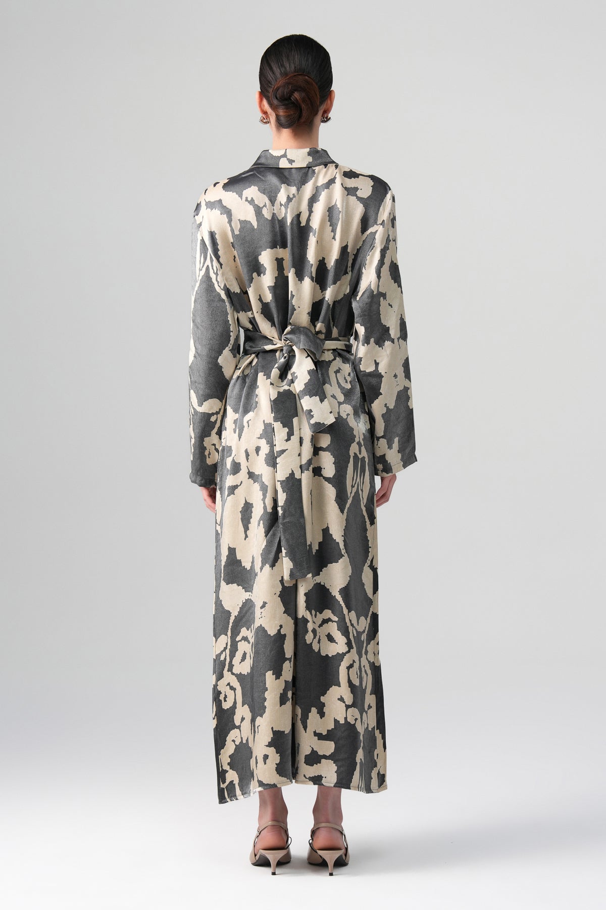 Neris Desenli Elbise Gri-Bej