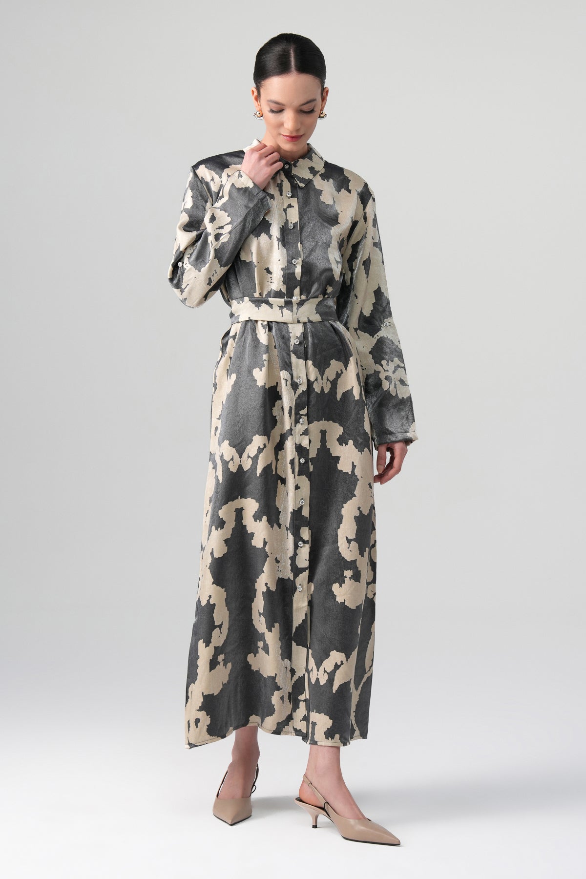 Neris Desenli Elbise Gri-Bej