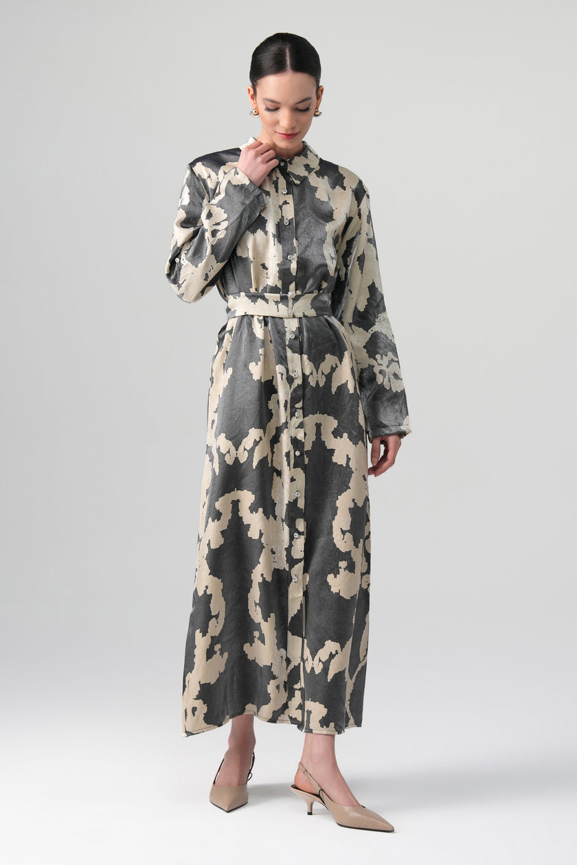 Neris Desenli Elbise Gri-Bej