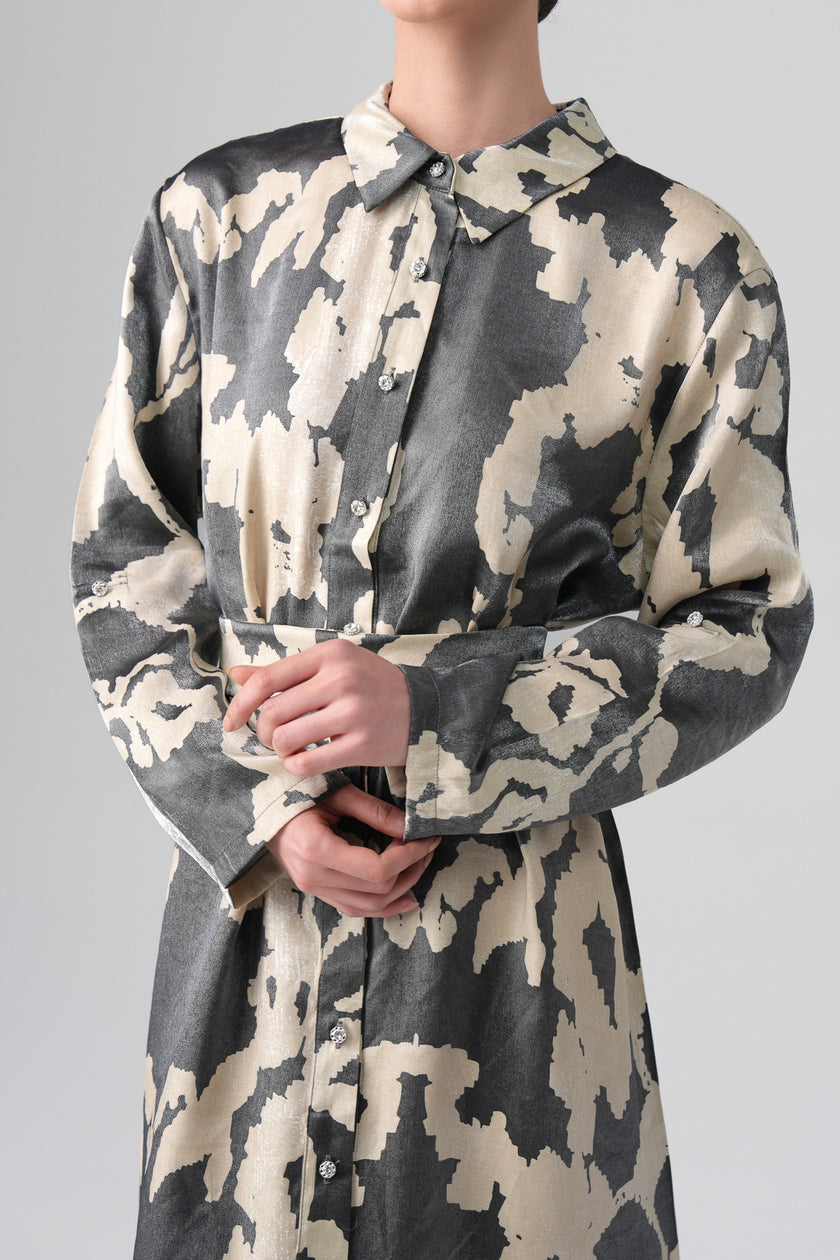 Neris Desenli Elbise Gri-Bej