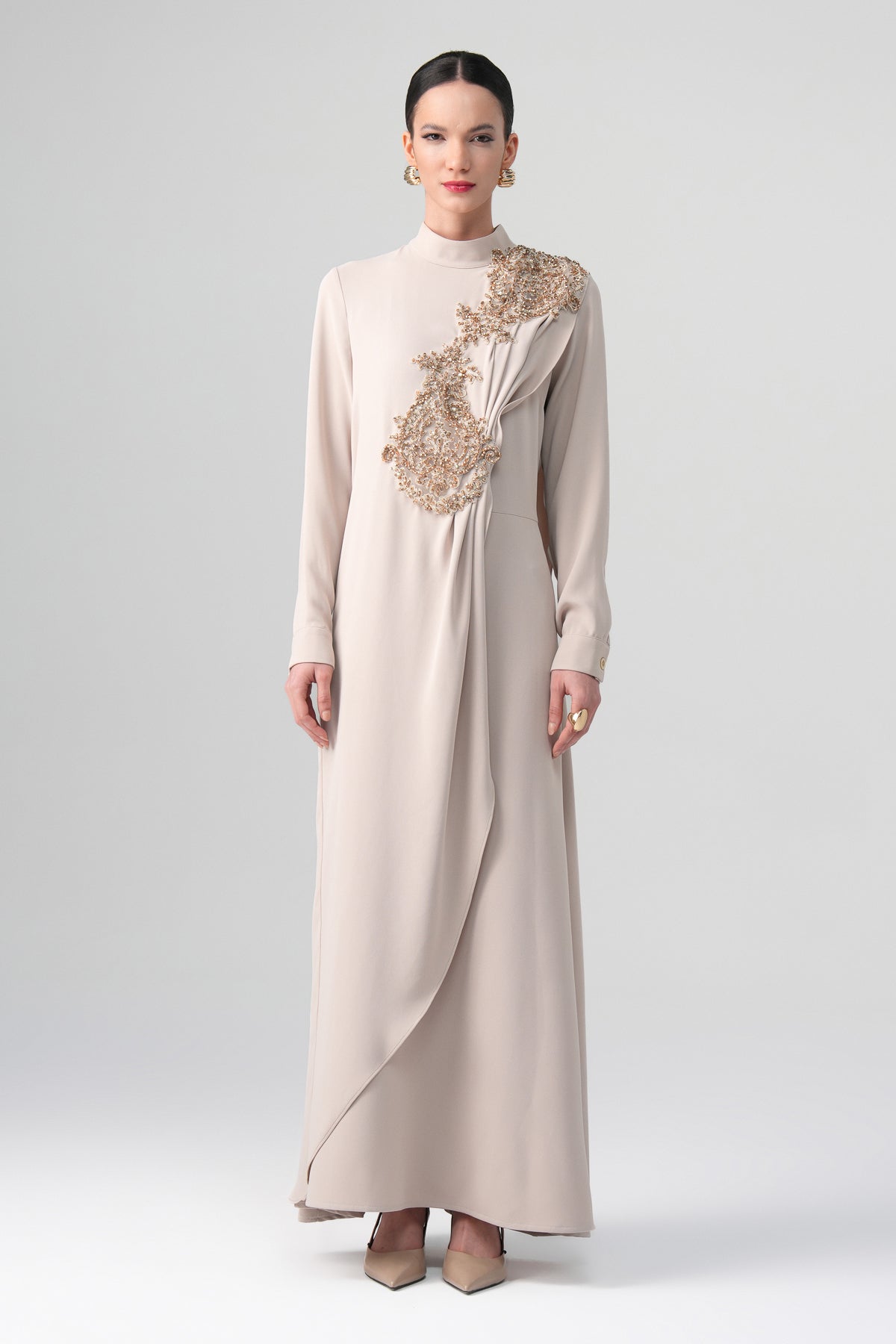 Arvella Drapeli Elbise Krem