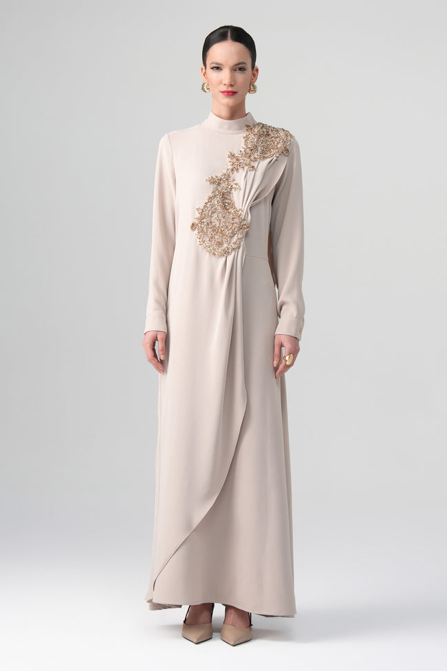 Arvella Drapeli Elbise Krem