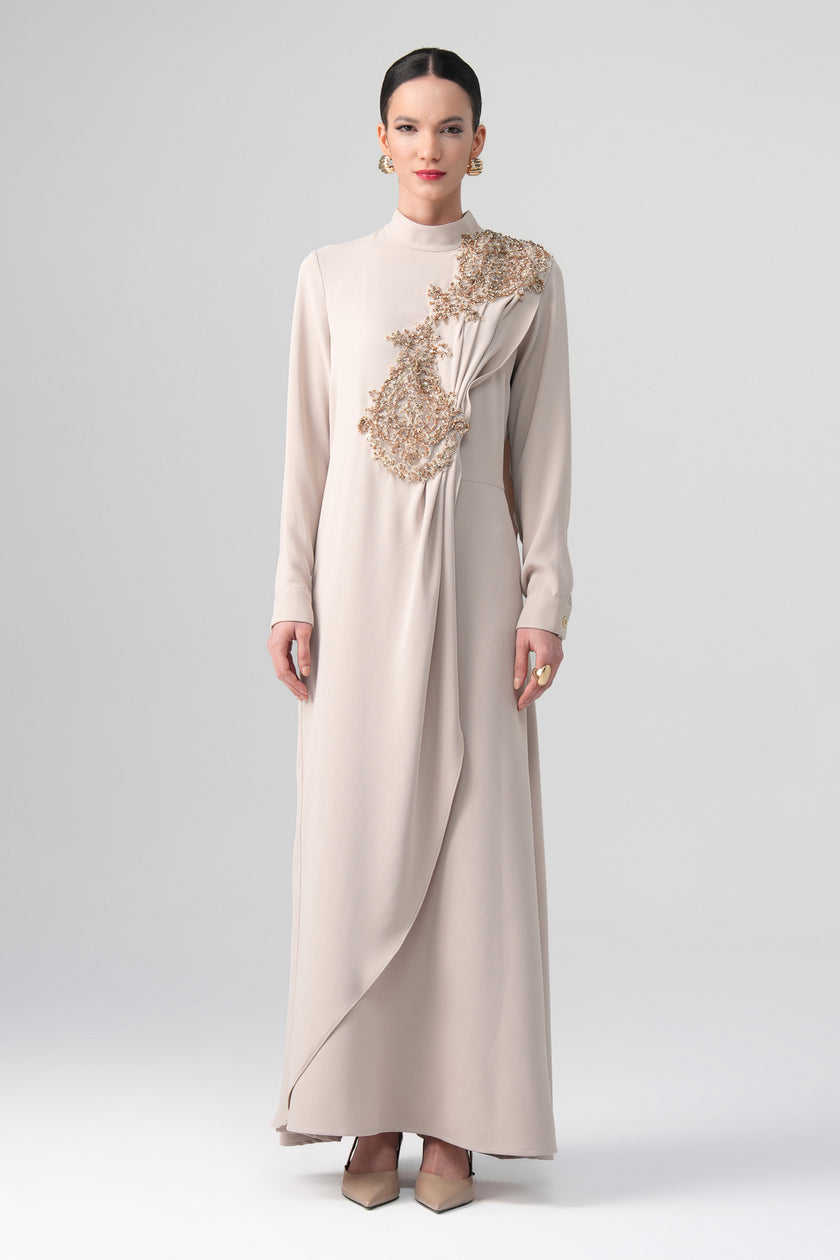 Arvella Drapeli Elbise Krem