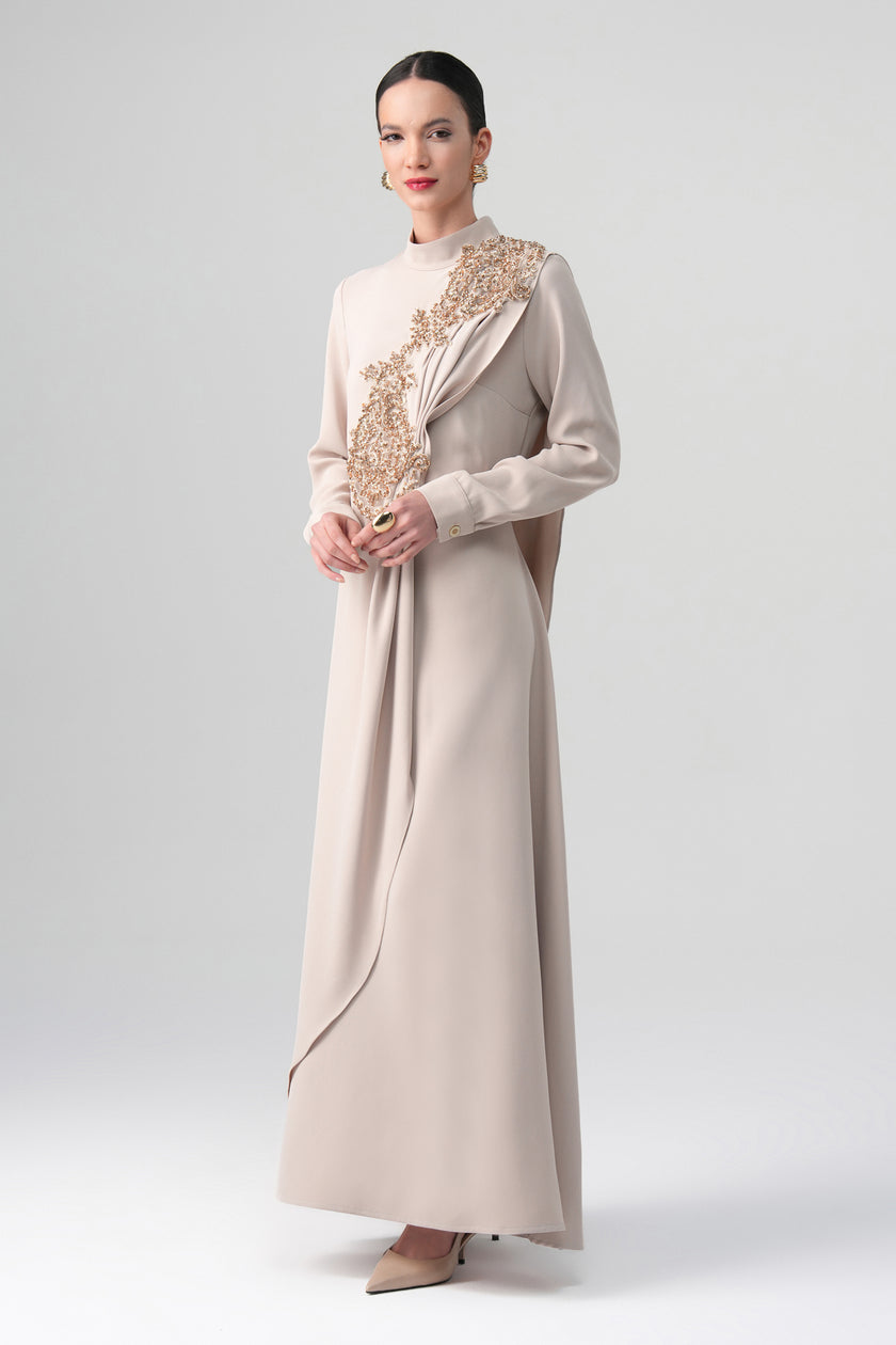 Arvella Drapeli Elbise Krem