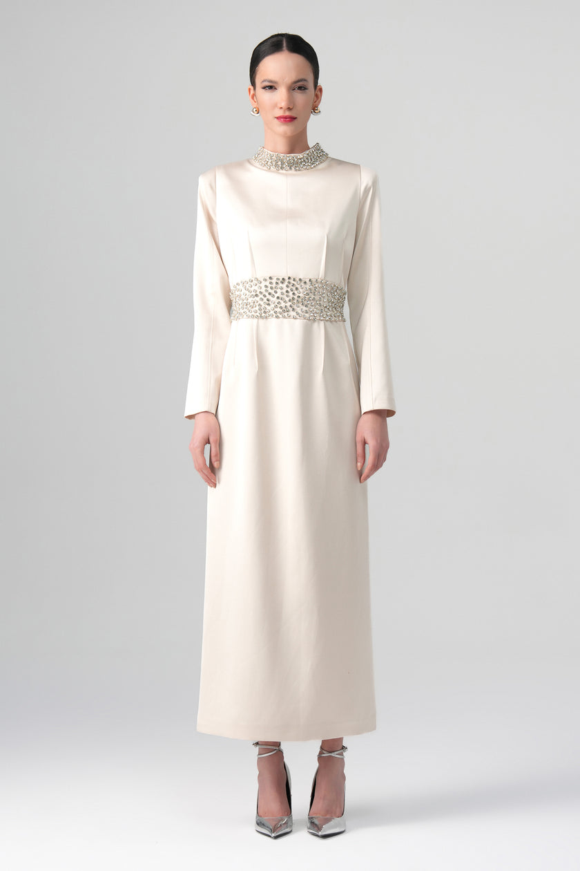 Kum Işığı Taşlı Elbise Ekru