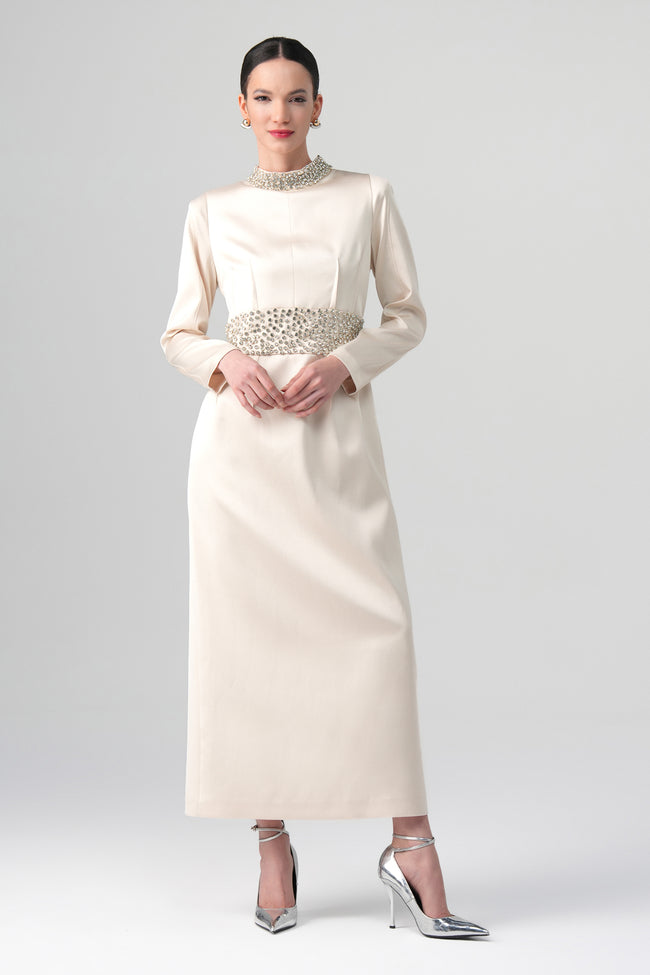 Kum Işığı Taşlı Elbise Ekru