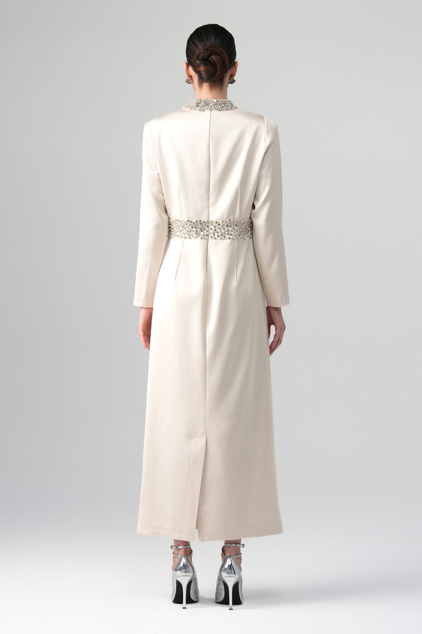 Kum Işığı Taşlı Elbise Ekru