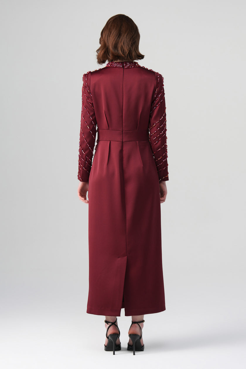 Rubina Yaka Detaylı Elbise Bordo