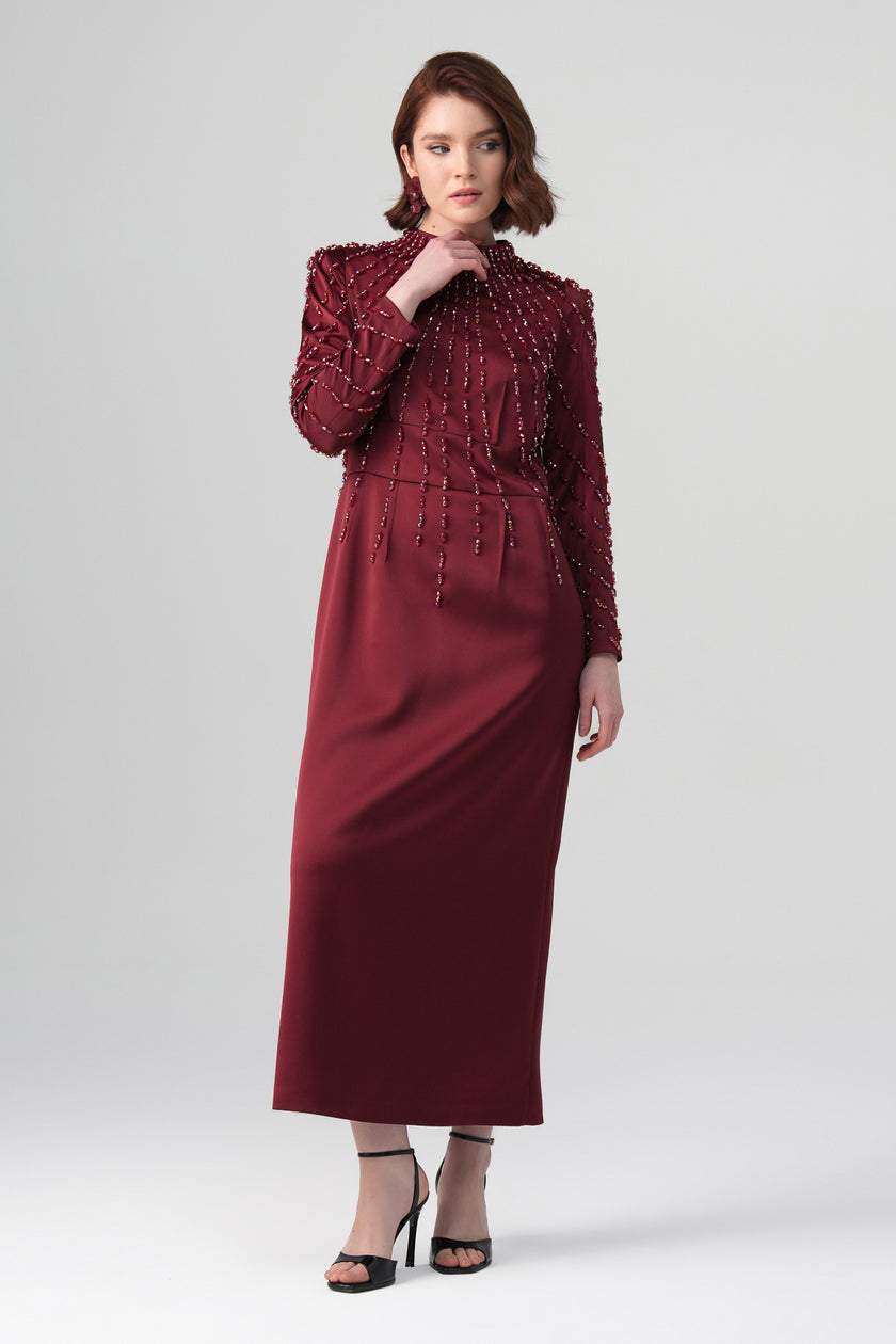 Rubina Yaka Detaylı Elbise Bordo