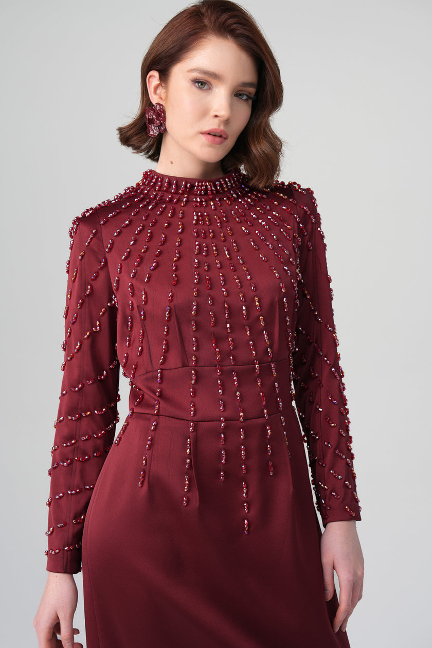 Rubina Yaka Detaylı Elbise Bordo