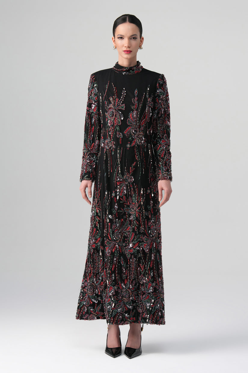 Virella Desenli Elbise Siyah-Bordo