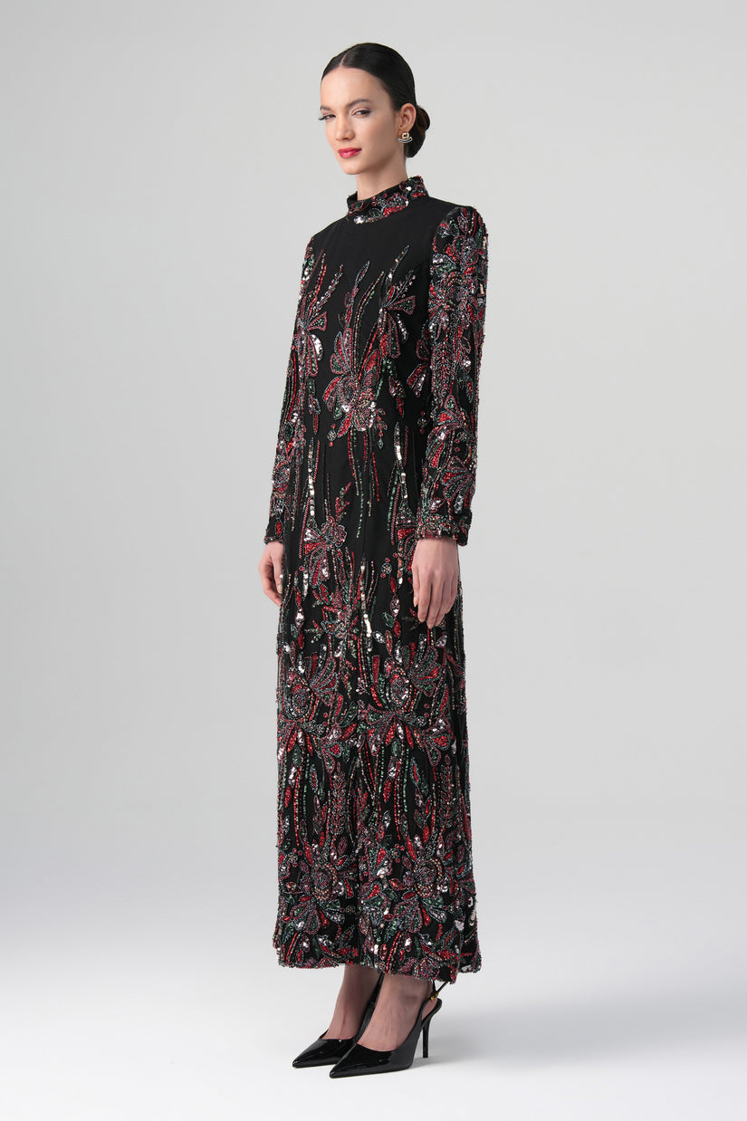 Virella Desenli Elbise Siyah-Bordo