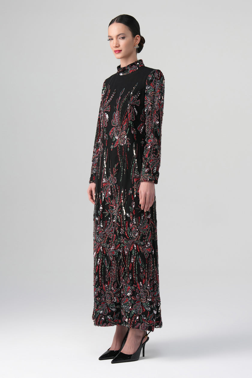 Virella Desenli Elbise Siyah-Bordo