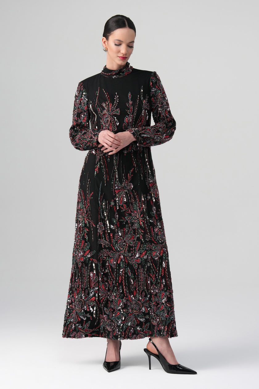 Virella Desenli Elbise Siyah-Bordo