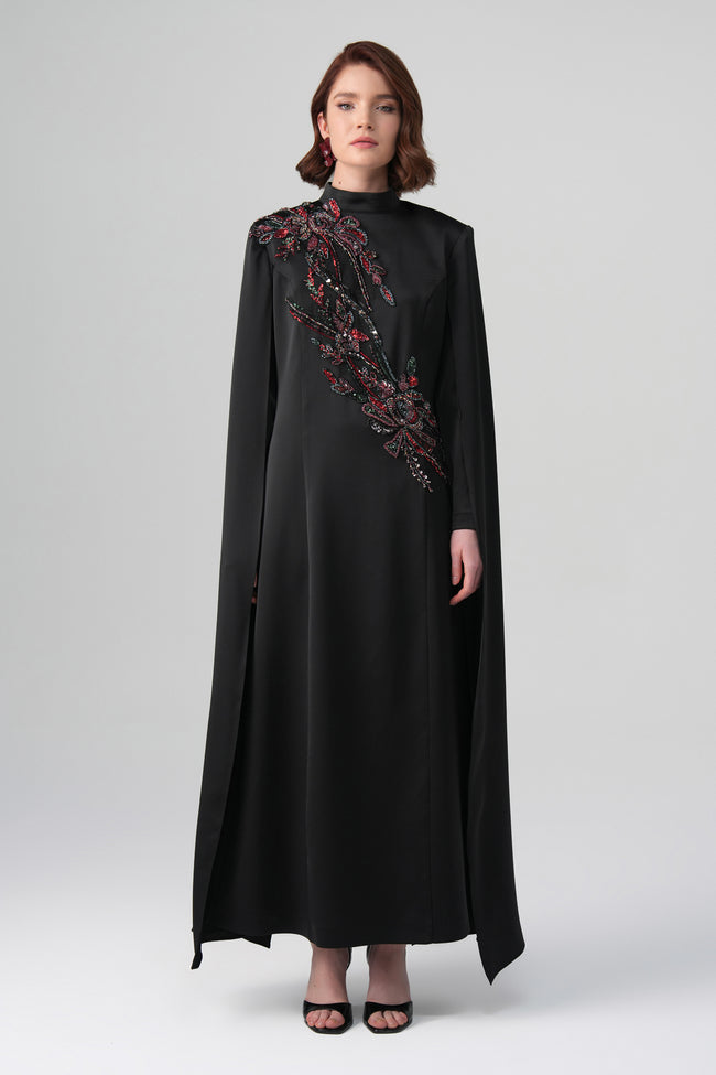 Zafira Çift Kollu Nakışlı Elbise Siyah