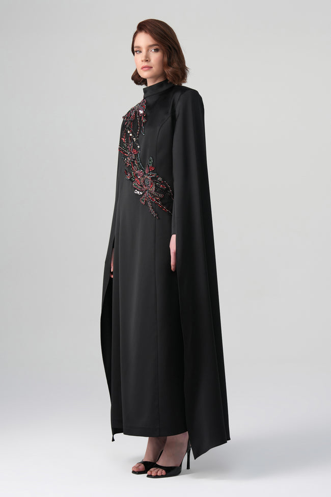 Zafira Çift Kollu Nakışlı Elbise Siyah