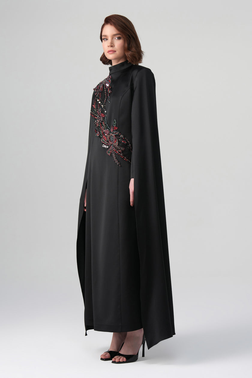 Zafira Çift Kollu Nakışlı Elbise Siyah