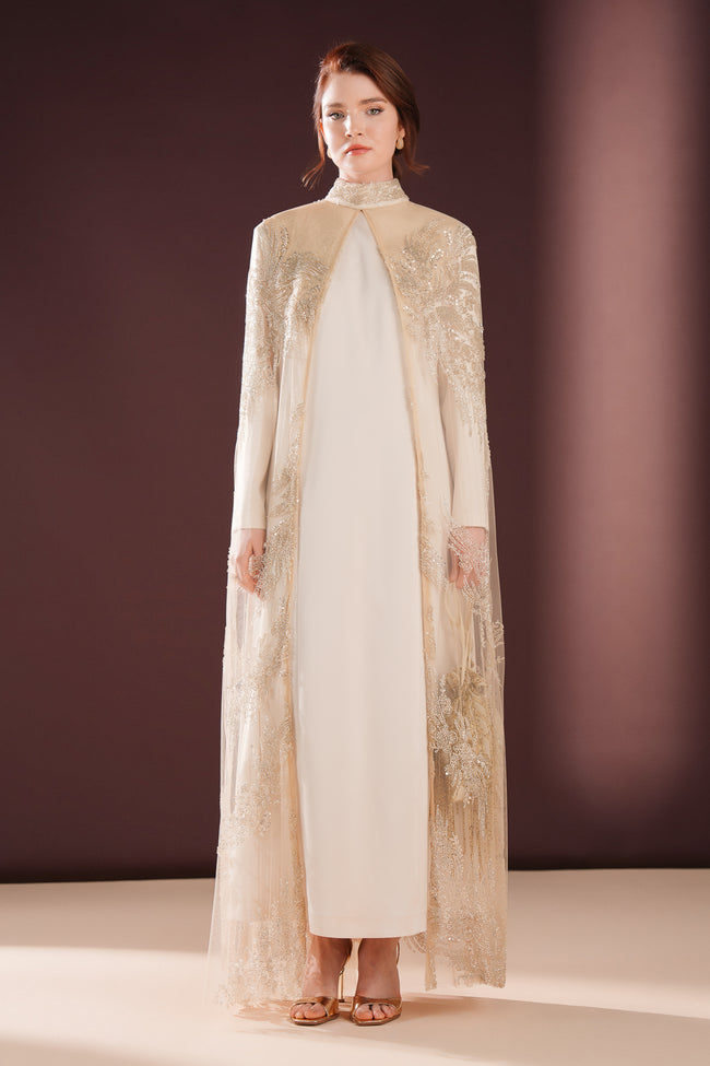 Lumielle Taşlı Pelerin Elbise Krem