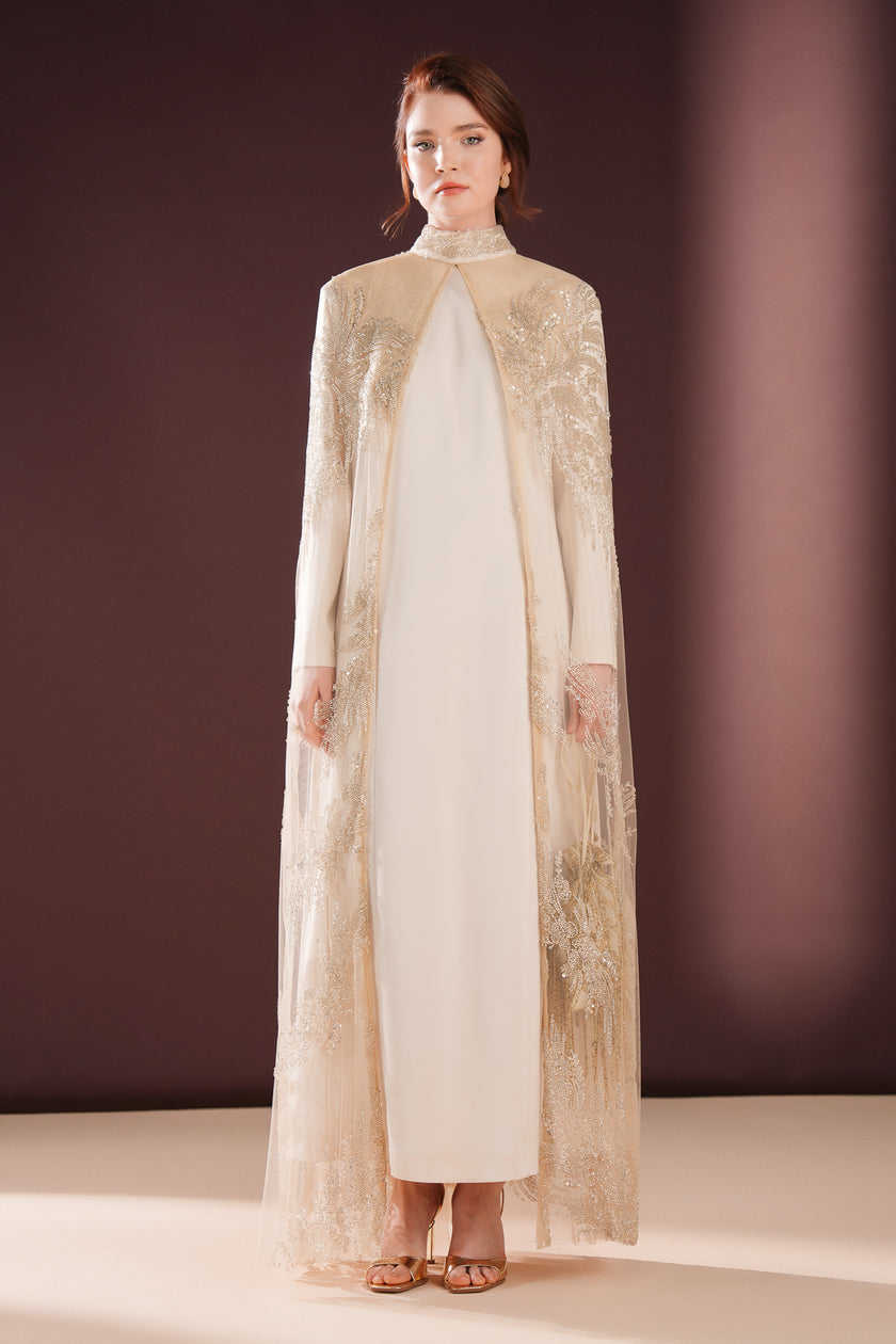 Lumielle Taşlı Pelerin Elbise Krem