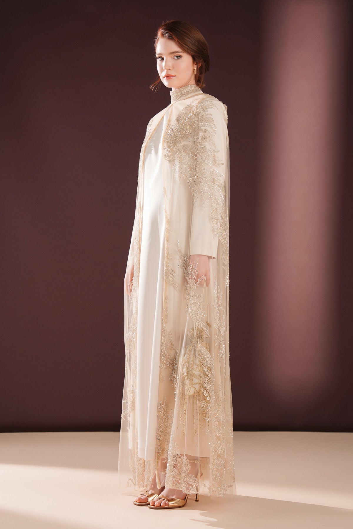 Lumielle Taşlı Pelerin Elbise Krem