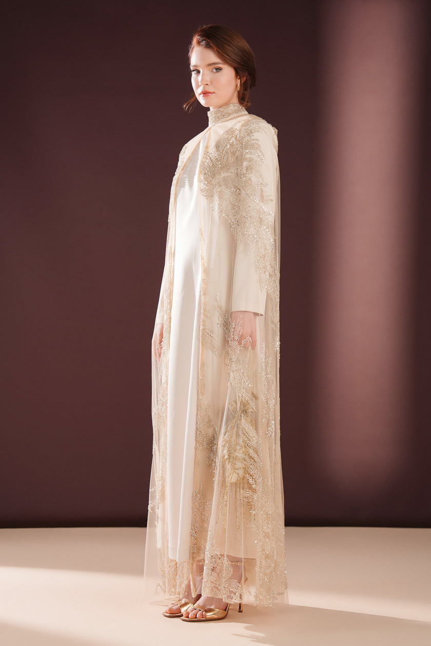 Lumielle Taşlı Pelerin Elbise Krem