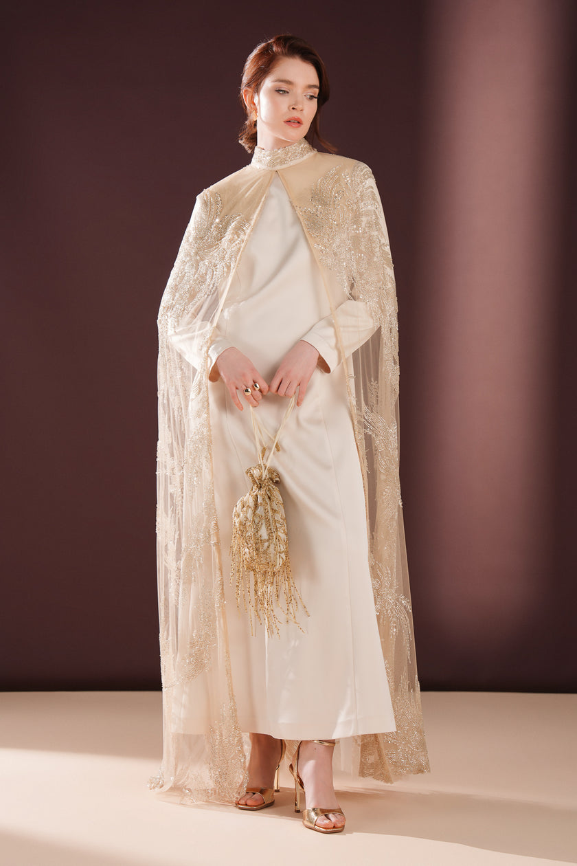 Lumielle Taşlı Pelerin Elbise Krem