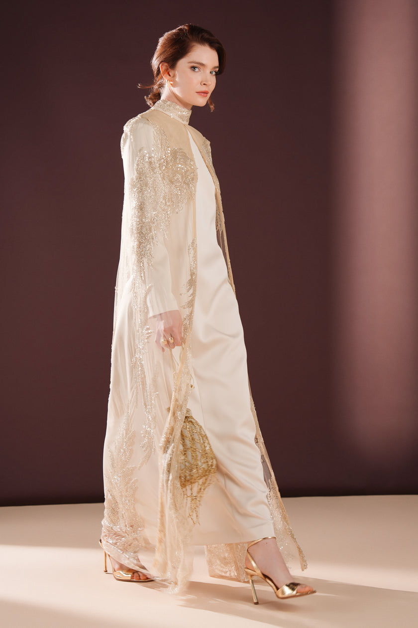 Lumielle Taşlı Pelerin Elbise Krem