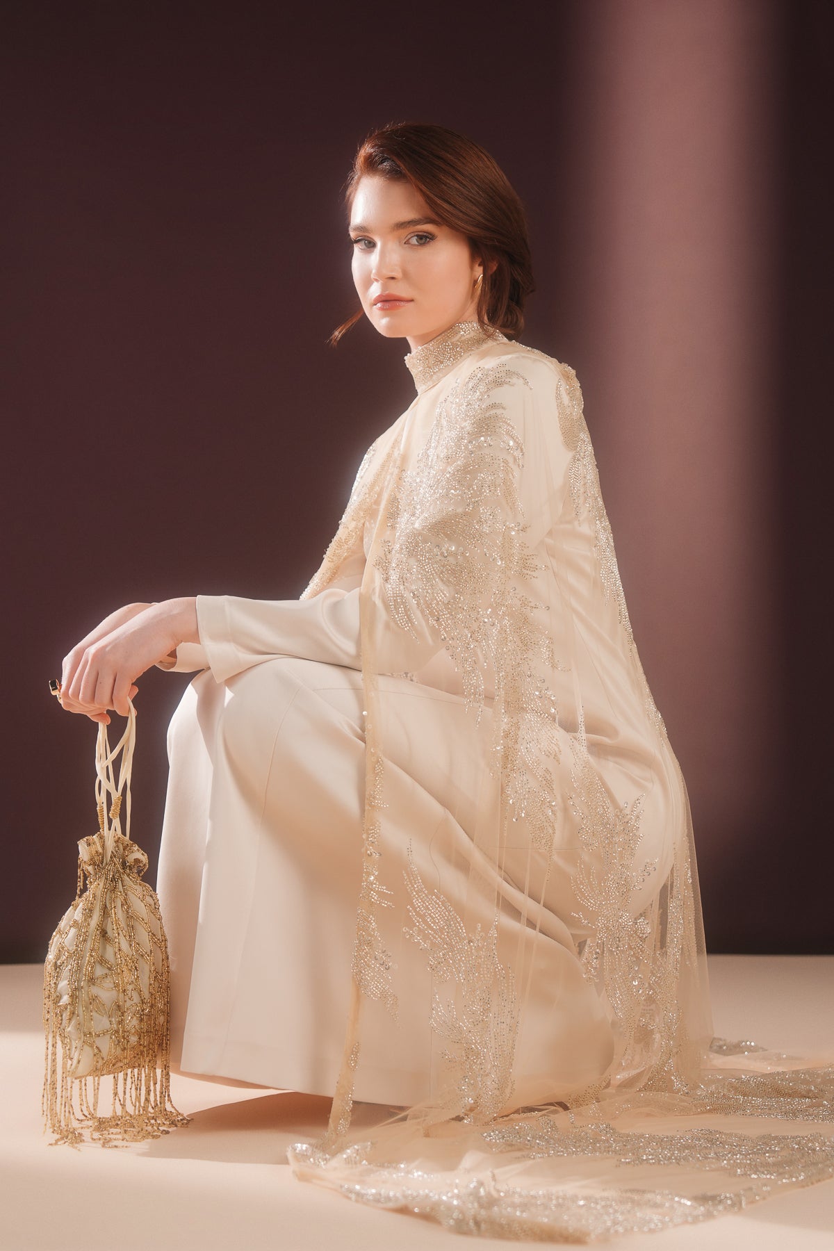 Lumielle Taşlı Pelerin Elbise Krem