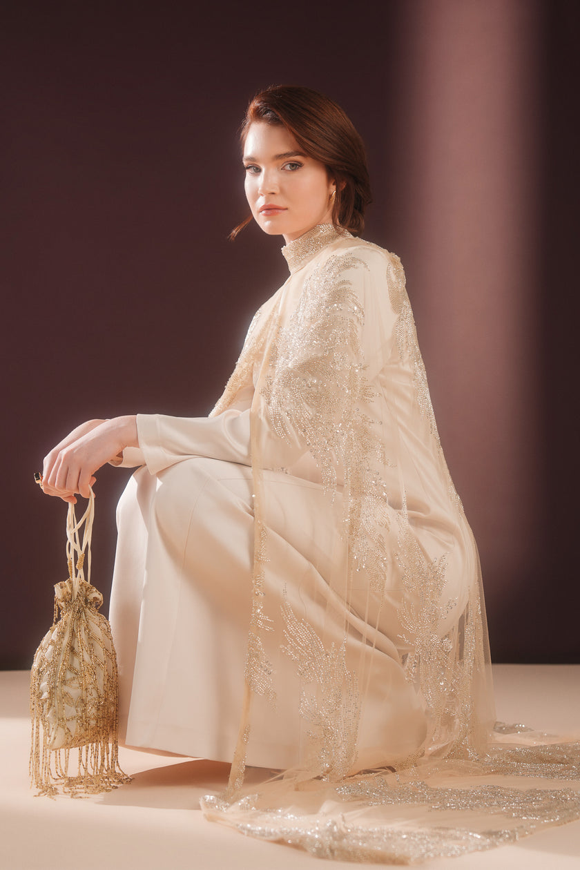 Lumielle Taşlı Pelerin Elbise Krem