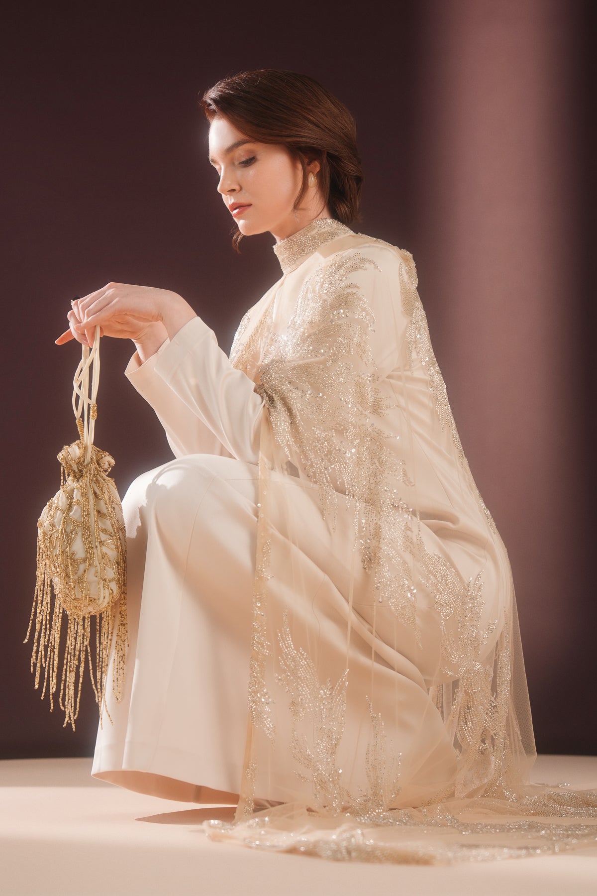 Lumielle Taşlı Pelerin Elbise Krem