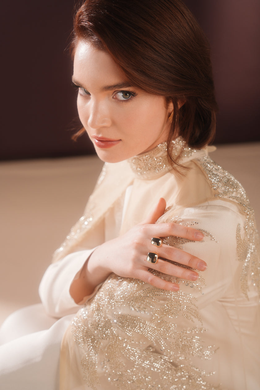 Lumielle Taşlı Pelerin Elbise Krem