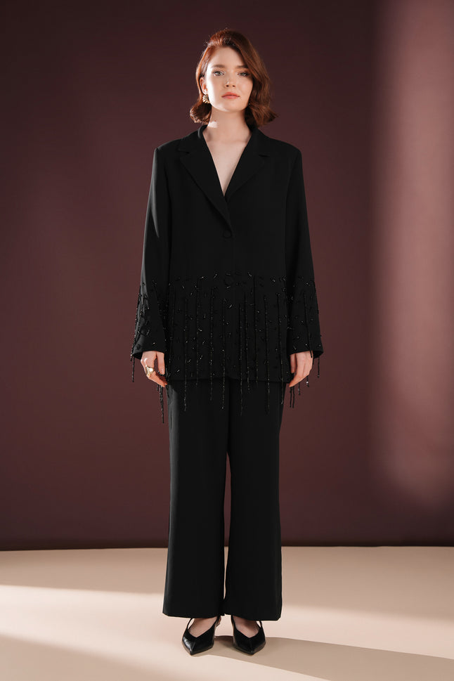 Morvella Taş Püsküllü Asimetrik Takım Siyah