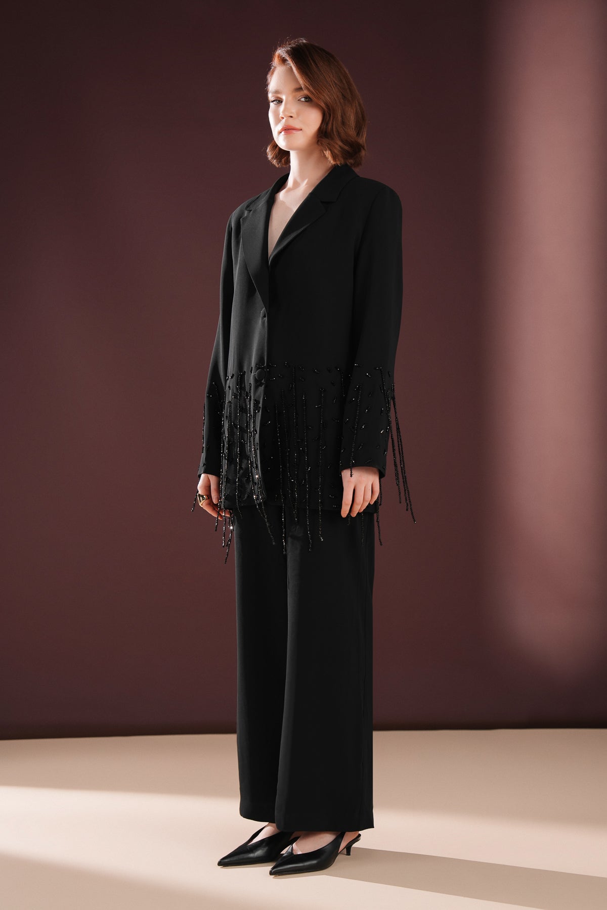 Morvella Taş Püsküllü Asimetrik Takım Siyah