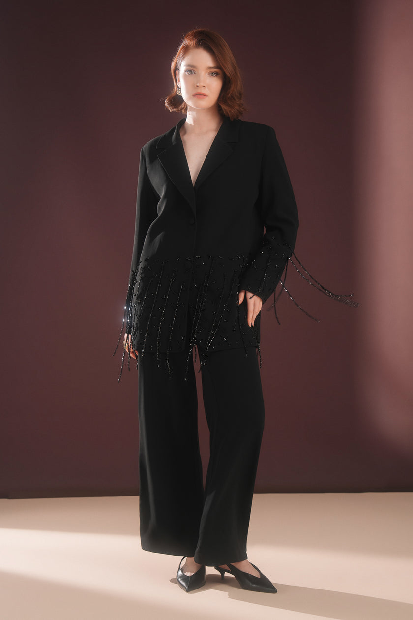 Morvella Taş Püsküllü Asimetrik Takım Siyah