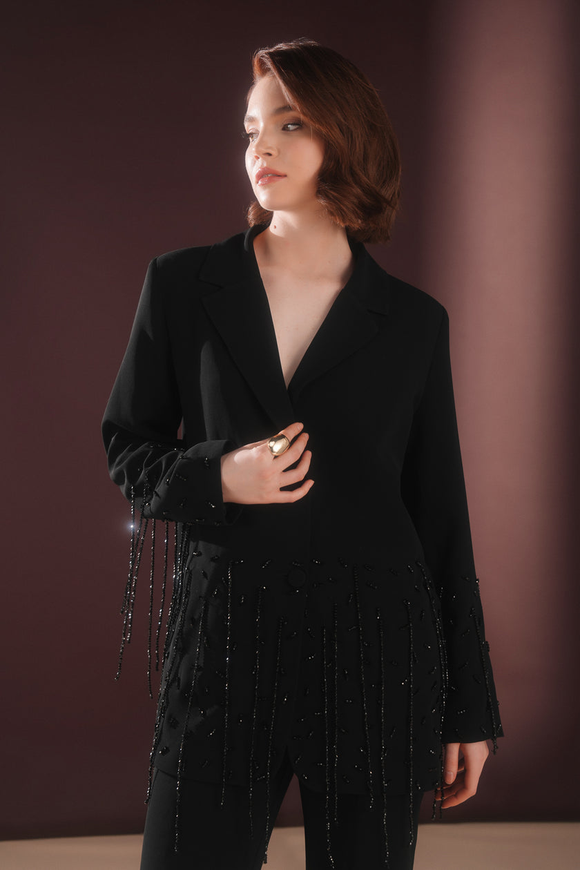 Morvella Taş Püsküllü Asimetrik Takım Siyah