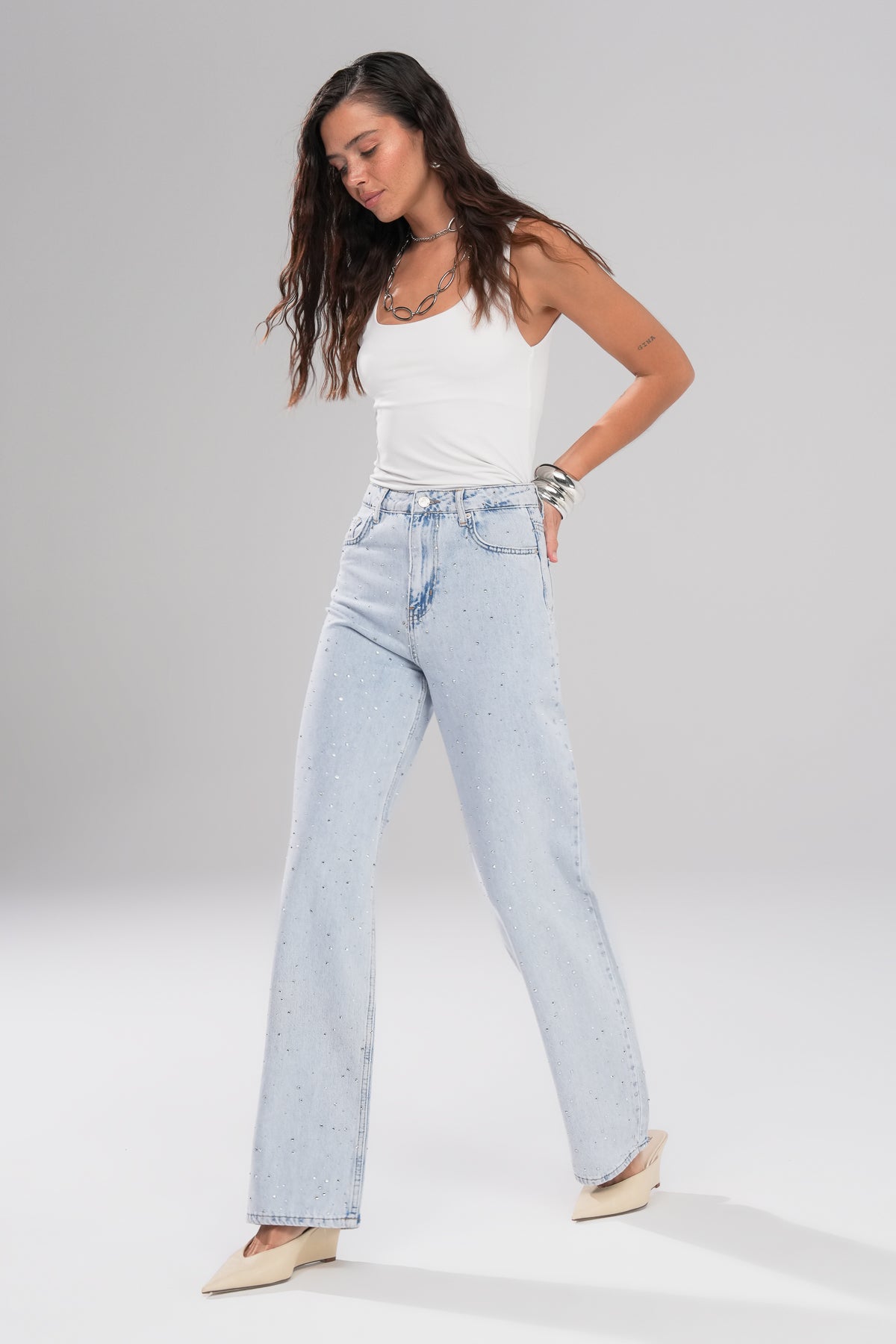 Pearl Denim Yıkanmış Taşlı Pantolon