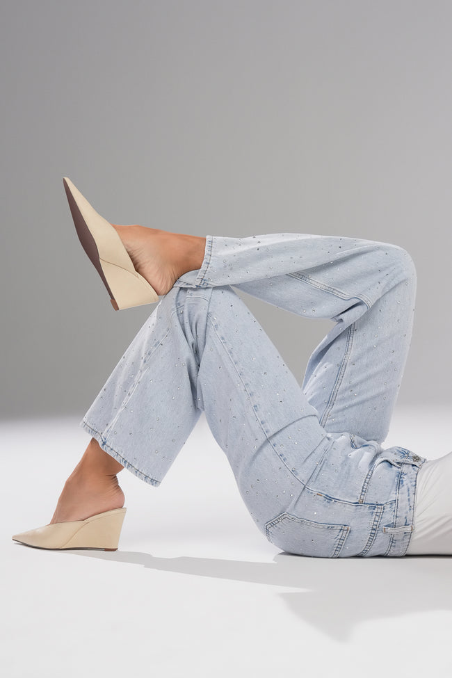 Pearl Denim Yıkanmış Taşlı Pantolon