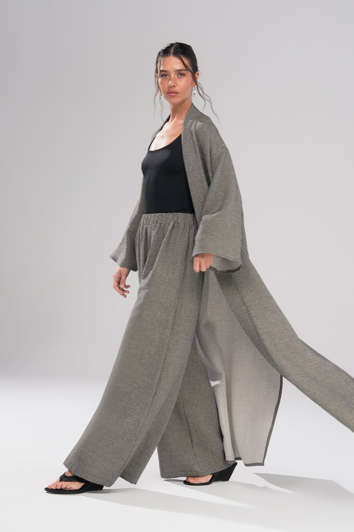 Flow Pantolon Kimono Parıltılı Takım Gri