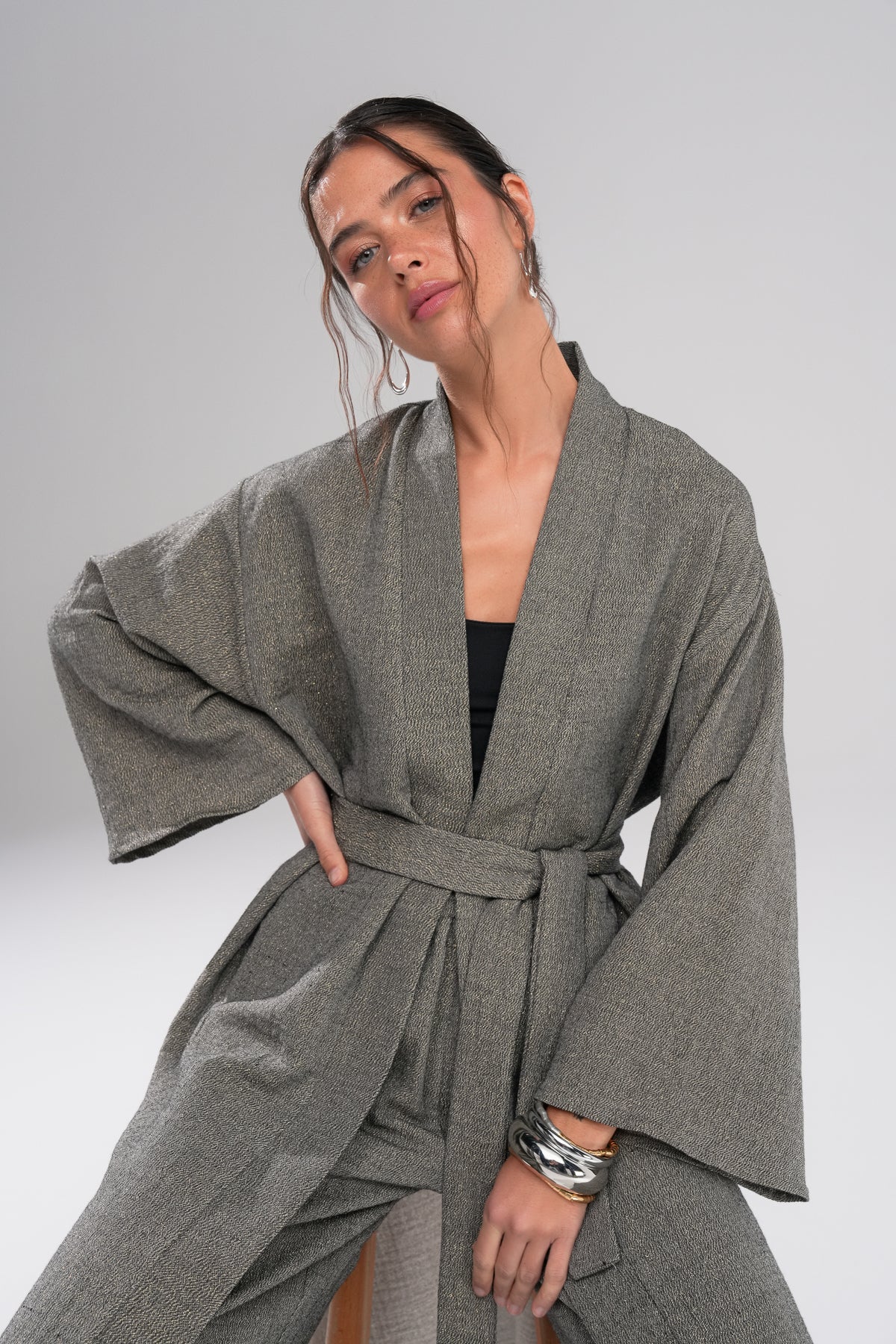 Flow Pantolon Kimono Parıltılı Takım Gri